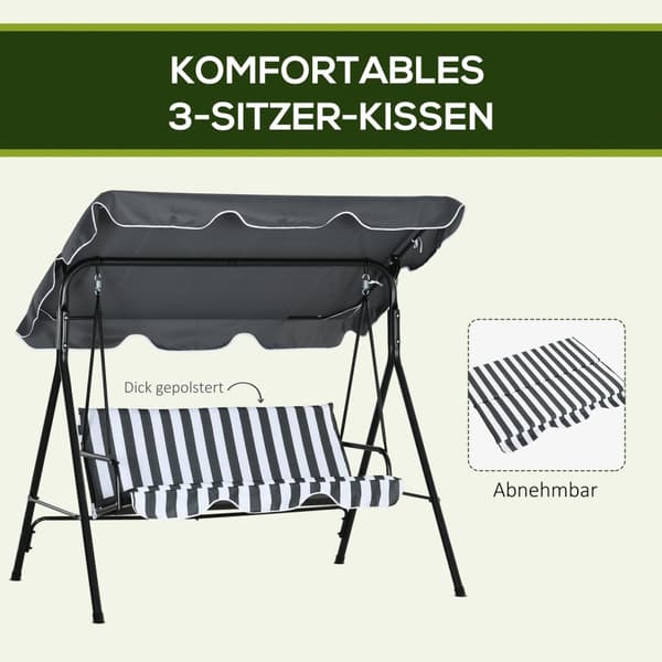 Outsuuny Hollywood-huske med sittepute, 3-seters hagehuske med justerbar solseil, huskebenkbelastning opptil 240 kg, for hage, terrasse, 172 x 110 x 1