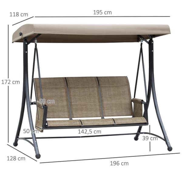 Outsuuny Hollywood-gunga med sidficka, 3-sits trädgårdsgunga med justerbart soltak, gungbänklast upp till 300 kg, för trädgård, terrass, 196 x 128 x 1