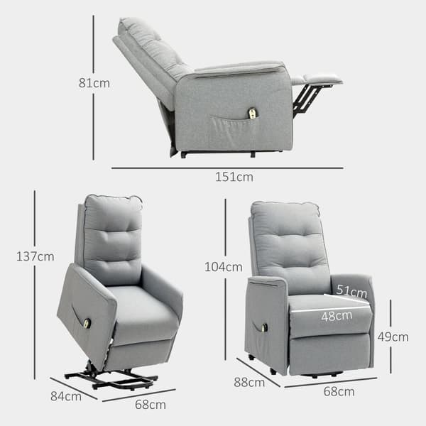 Elektrisk TV-fåtölj med ståhjälp, relaxfåtölj med liggfunktion, TV-fåtölj med fjärrkontroll, sidficka, pocketfjäder och linnelook för vardagsrum, upp