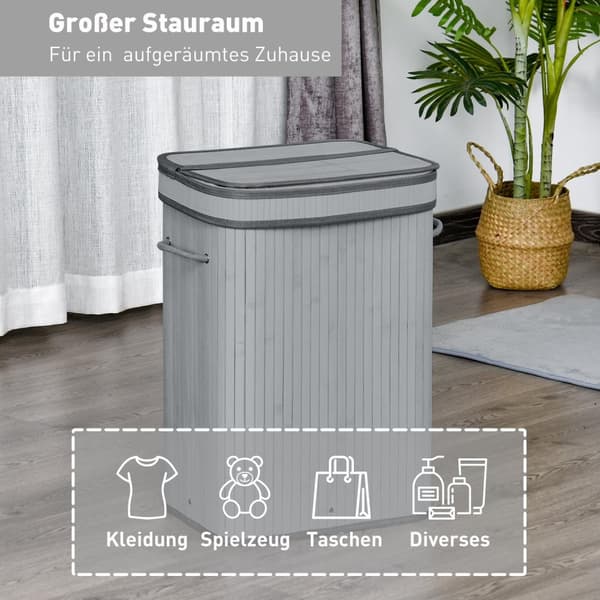 Bamboo Laundry Basket Slim kannella 70 L Pyykkihaku kahvoilla, Irrotettava pyykkipussi, pyykkikorit pesutupaan Makuuhuone Kylpyhuone Harmaa
