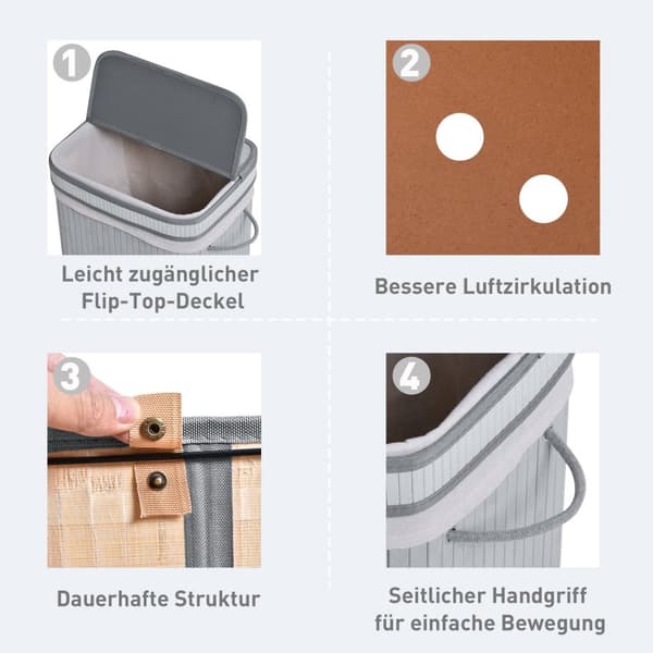 Bamboo Laundry Basket Slim kannella 70 L Pyykkihaku kahvoilla, Irrotettava pyykkipussi, pyykkikorit pesutupaan Makuuhuone Kylpyhuone Harmaa