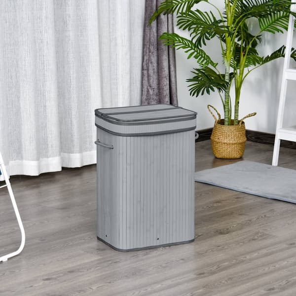 Bamboo Laundry Basket Slim kannella 70 L Pyykkihaku kahvoilla, Irrotettava pyykkipussi, pyykkikorit pesutupaan Makuuhuone Kylpyhuone Harmaa