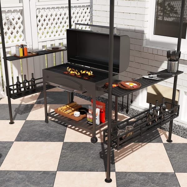 Grillipaviljonki 240 x 150 x 257 cm vedenpitävä palosuojattu puutarhapaviljonki, jossa kaksinkertainen katto, sivuhyllyt, huvimaja UV-suojalla, BBQ-pa