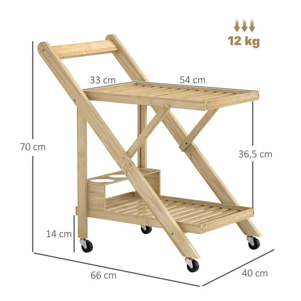 Köksvagn Serveringsvagn med vinställ Bänkskiva 2-våningsvagn för kontor Kök Vardagsrum 66 x 40 x 70 cm Bambu Natur Aosom