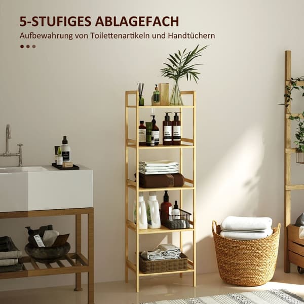 Baderomshylle, baderomshylle med 5 etasjer, oppbevaringshylle i bambus, stående hylle med justerbare hyller for bad, stue, kjøkken, 43,5 x 31,5 x 142