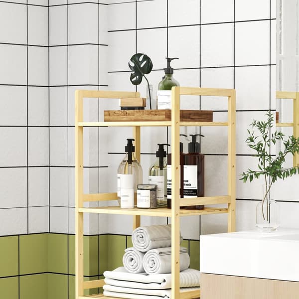 Baderomshylle, baderomshylle med 5 etasjer, oppbevaringshylle i bambus, stående hylle med justerbare hyller for bad, stue, kjøkken, 43,5 x 31,5 x 142