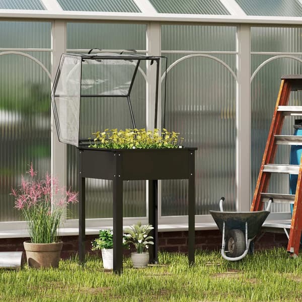 Høybed med trekk, Hevet urtebed med dreneringshull, Metallplantekasse, Værbestandig grønnsaksseng, Hageseng, Plantebed for hage, Balkong, 60 x 60 x 12