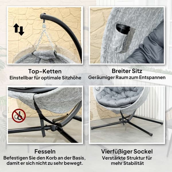 Æggeformet udendørs hængestol, foldbar hængegynge med kopholder, aftageligt vaskbart sæde, stel, hængekøje til 1 person, gyngestol til gårdhave, have,