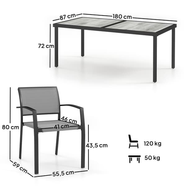 7-delad sittgrupp. Matgrupp för 6 personer, matbord med 6 stapelbara stolar, matsalsgrupp, köksbord med stålstomme, balkongmöbler, trädgårdsmöbler för