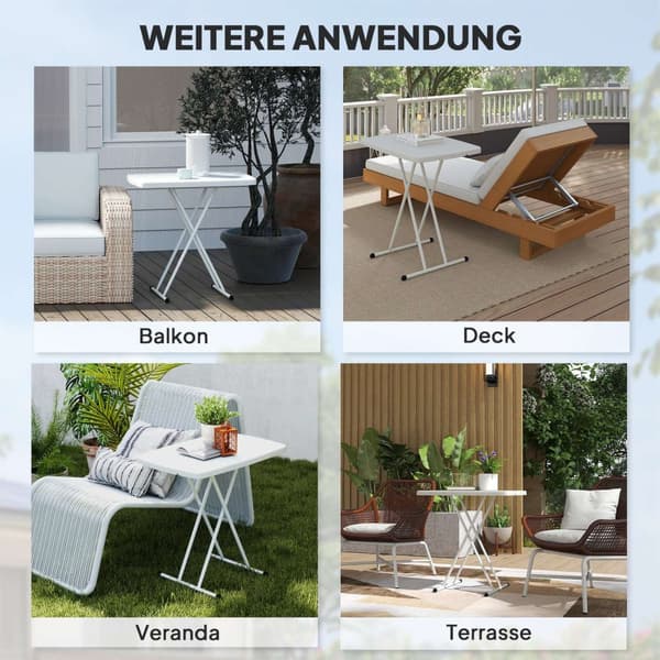 Sidobord trädgård höj- och sänkbart trädgårdsbord, fällbart balkongbord av plast, rektangulärt soffbord 50kg lastkapacitet, 76x50x74H cm soffbord för