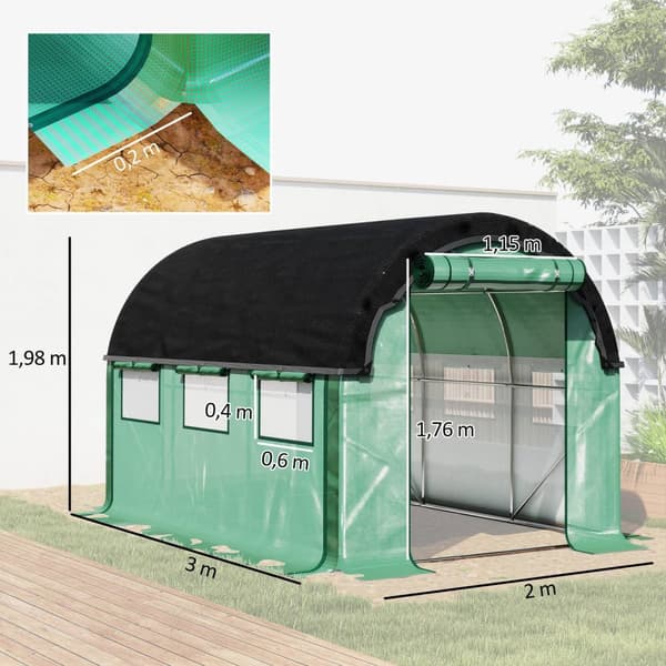 Drivhus 3 x 2 x 2 m filmdrivhus med 6 vinduer, rulledører, opprullbare sidevegger, UV-bestandig filmtunnel, vintertett tomathus med jordanker, grønn A
