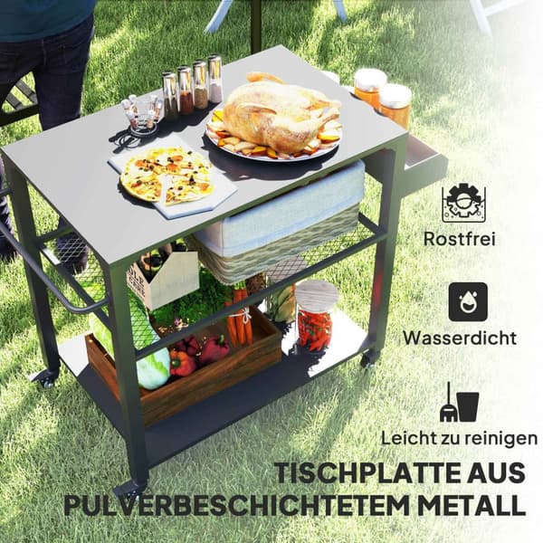 Grillivaunu 3-kerroksinen tarjoiluvaunu, jossa työtasohyllyt pyörät, BBQ-grillipöytä ruostumattomasta teräksestä, grillisivupöytä, ulkovaunuvaunu, hii