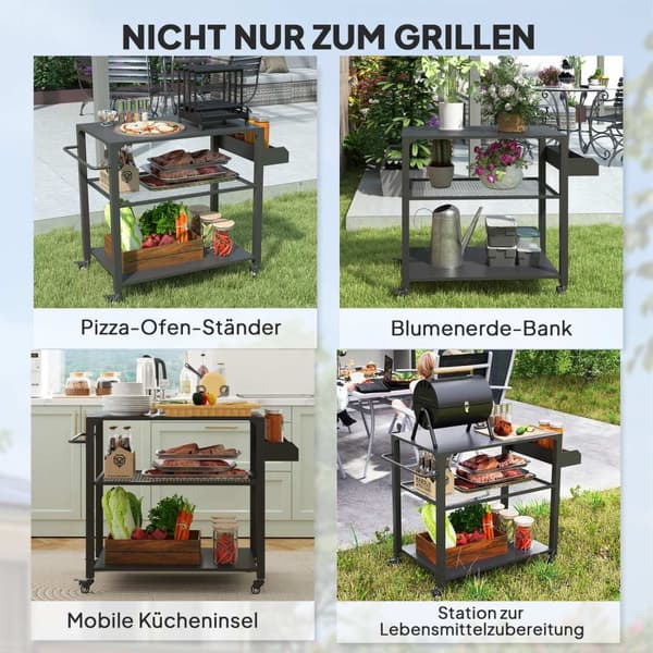 Grillivaunu 3-kerroksinen tarjoiluvaunu, jossa työtasohyllyt pyörät, BBQ-grillipöytä ruostumattomasta teräksestä, grillisivupöytä, ulkovaunuvaunu, hii