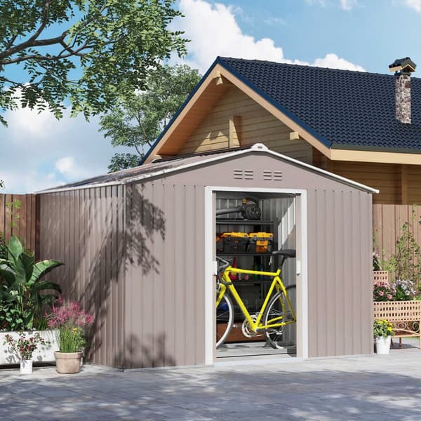 Verktøybod i galvanisert stål 4,9m² 277x195x192cm redskapsbod med sadeltak, fundament, låsbar skyvedør, værbestandig hagebod, utendørs hageskur for ba