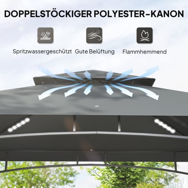 Grillpaviljong med LED 240 x 150 x 258 cm vannavvisende flammehemmende hagepaviljong med dobbeltlags tak, sidehyller, lysthus med UV-beskyttelse, BBQ-