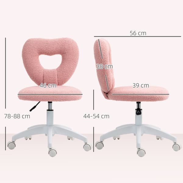Skrivebordsstol, kontorstol, svingbar hjemmekontorstol med hjerteformet ryggstøtte, uten armlen, høydejusterbar teddy fleece sminkebord stol for studi