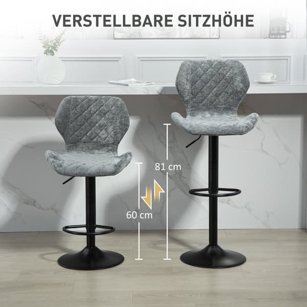 Barstol set om 2, stoppad barstol med ryggstöd, chenille-look, stålstomme, höj- och sänkbara köksstolar med fotstöd, 360° roterbar bänkpall för kök, v