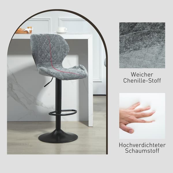 Barstol set om 2, stoppad barstol med ryggstöd, chenille-look, stålstomme, höj- och sänkbara köksstolar med fotstöd, 360° roterbar bänkpall för kök, v