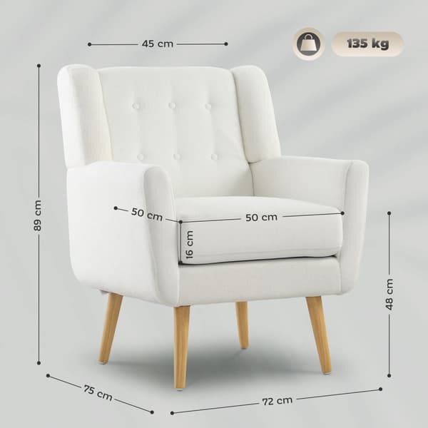 Lænestol Stue Wing Stol Polstret Tuftet Lounge Chair Afslapningsstol med Teddy Fleece Look Træben Polstret Stol til Soveværelse Hvid