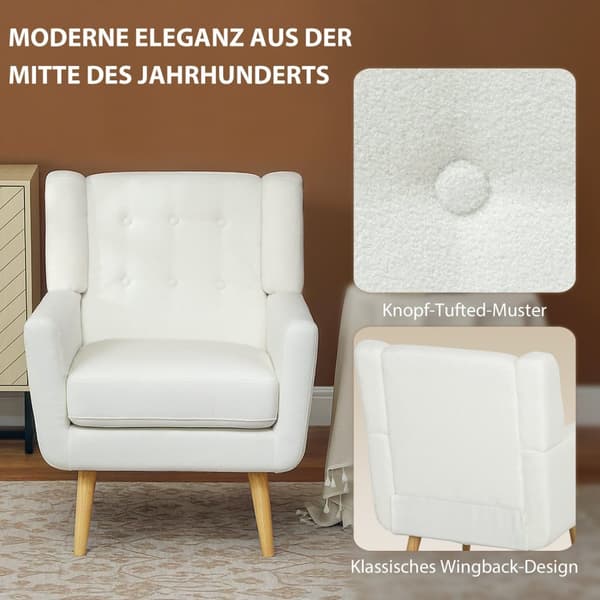 Lænestol Stue Wing Stol Polstret Tuftet Lounge Chair Afslapningsstol med Teddy Fleece Look Træben Polstret Stol til Soveværelse Hvid