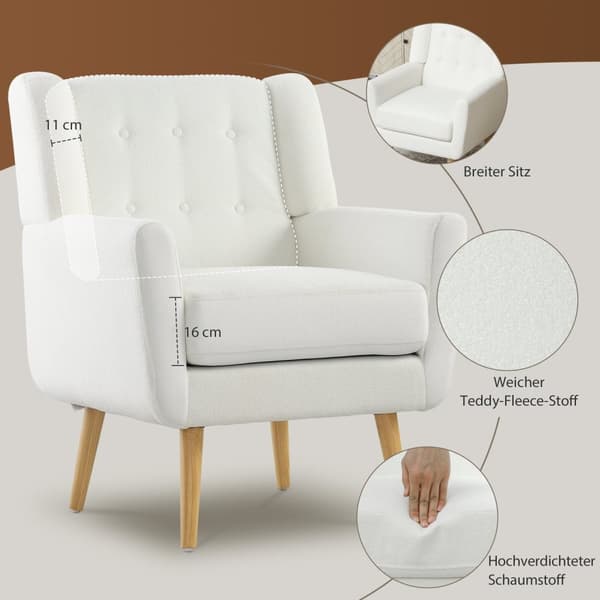 Lænestol Stue Wing Stol Polstret Tuftet Lounge Chair Afslapningsstol med Teddy Fleece Look Træben Polstret Stol til Soveværelse Hvid