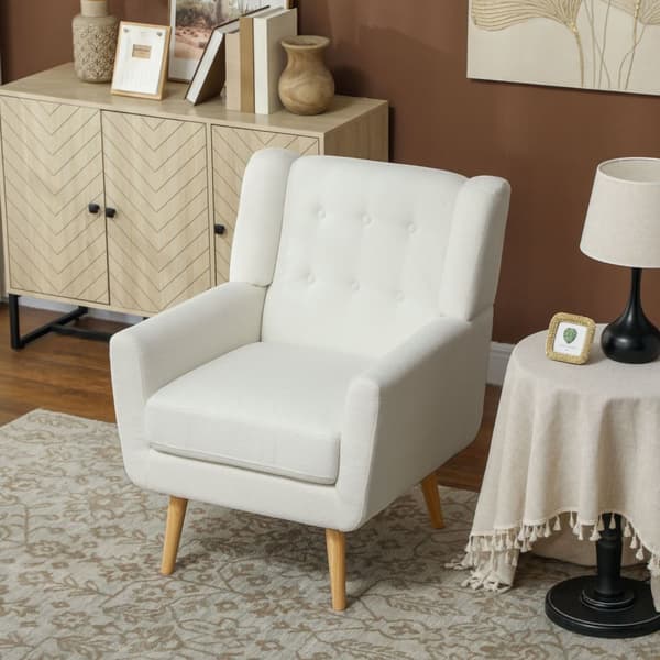 Lænestol Stue Wing Stol Polstret Tuftet Lounge Chair Afslapningsstol med Teddy Fleece Look Træben Polstret Stol til Soveværelse Hvid