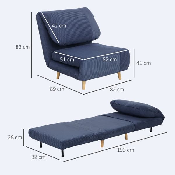 2-i-1 sovesofa, stolseng, justerbar sammenleggbar madrass, gjesteseng i cordfløyellook, for soverom, stue, blå, 82 x 89 x 83 cm Aosom