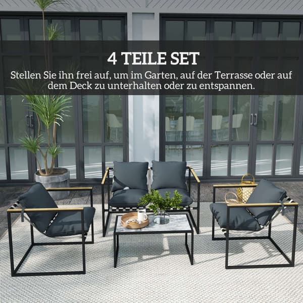 Hagemøbelsett i stål for 4 personer, værbestandig balkongmøbelsett med 2 sofaer, 2 lenestoler, sitteputer, sidebord, uteservering, utemøbler, hagesett