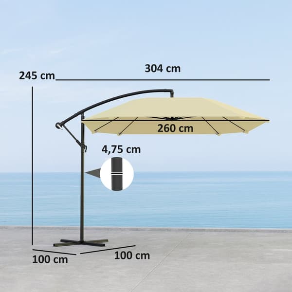 Cantilever paraply, aluminium diameter 260 cm, parasoll, vanntett, sveiv paraply med stativ, sveiv, vindlås, vippbar markedsparaply, vippbar hageparap