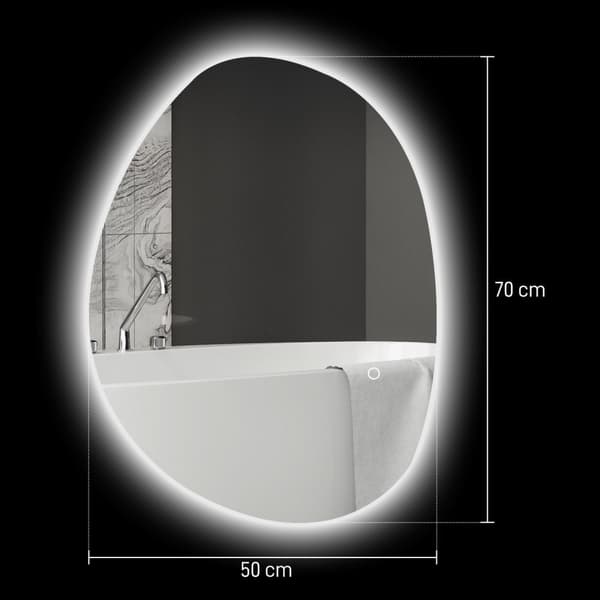 Badrumsspegel med belysning 70x50 cm LED-spegel med touchknapp, 3 ljusfärger, asymmetrisk badrumsspegel med anti-dim & minnesfunktion, väggspegel IP44