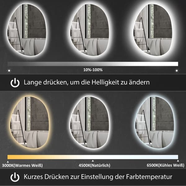 Badrumsspegel med belysning 70x50 cm LED-spegel med touchknapp, 3 ljusfärger, asymmetrisk badrumsspegel med anti-dim & minnesfunktion, väggspegel IP44