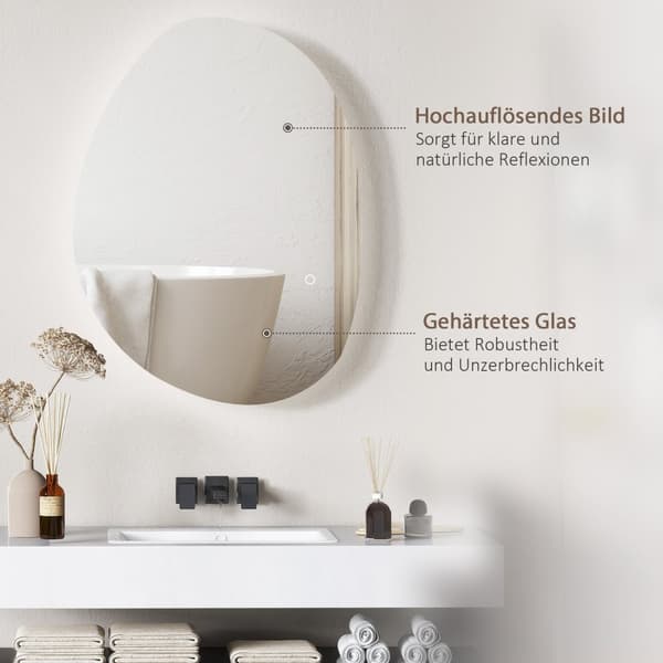Badrumsspegel med belysning 70x50 cm LED-spegel med touchknapp, 3 ljusfärger, asymmetrisk badrumsspegel med anti-dim & minnesfunktion, väggspegel IP44