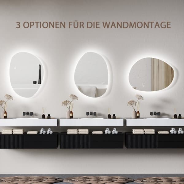 Badrumsspegel med belysning 70x50 cm LED-spegel med touchknapp, 3 ljusfärger, asymmetrisk badrumsspegel med anti-dim & minnesfunktion, väggspegel IP44