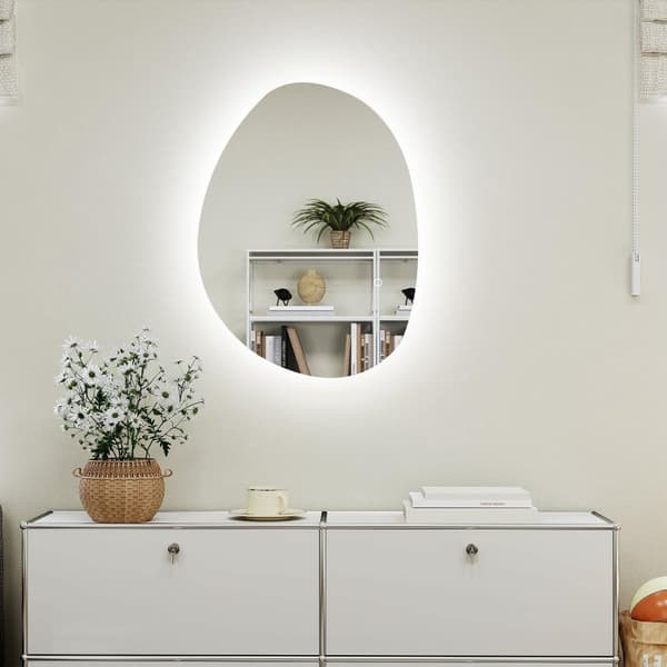 Badrumsspegel med belysning 70x50 cm LED-spegel med touchknapp, 3 ljusfärger, asymmetrisk badrumsspegel med anti-dim & minnesfunktion, väggspegel IP44