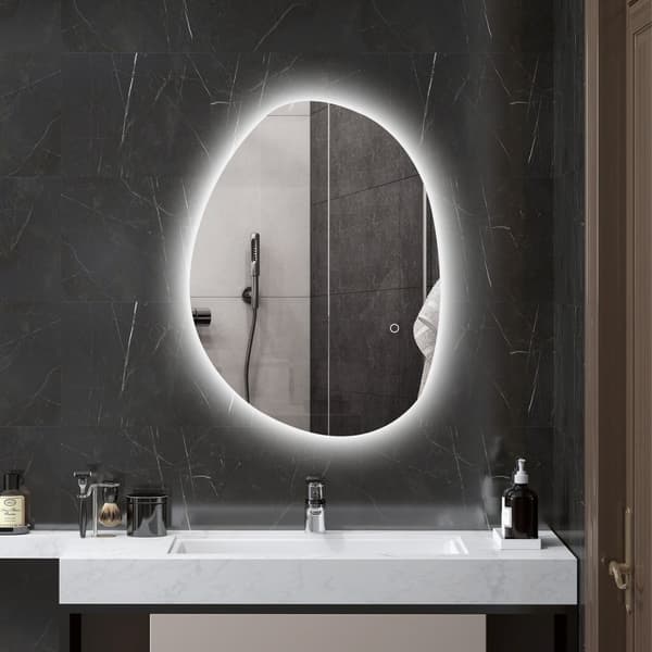 Badrumsspegel med belysning 70x50 cm LED-spegel med touchknapp, 3 ljusfärger, asymmetrisk badrumsspegel med anti-dim & minnesfunktion, väggspegel IP44