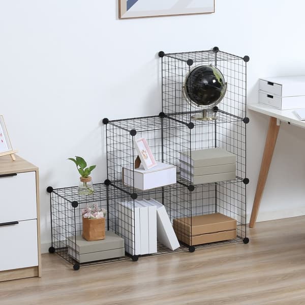 Plug-in hylle, hyllesystem med 6 rom, DIY kubehylle laget av trådnett, trinnhylle for stue, soverom, svart, 109 x 37 x 109 cm