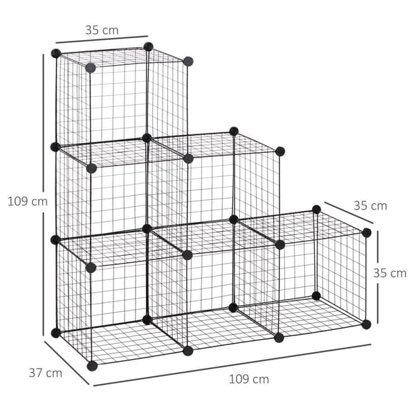 Plug-in hylle, hyllesystem med 6 rom, DIY kubehylle laget av trådnett, trinnhylle for stue, soverom, svart, 109 x 37 x 109 cm