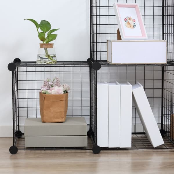 Plug-in hylle, hyllesystem med 6 rom, DIY kubehylle laget av trådnett, trinnhylle for stue, soverom, svart, 109 x 37 x 109 cm