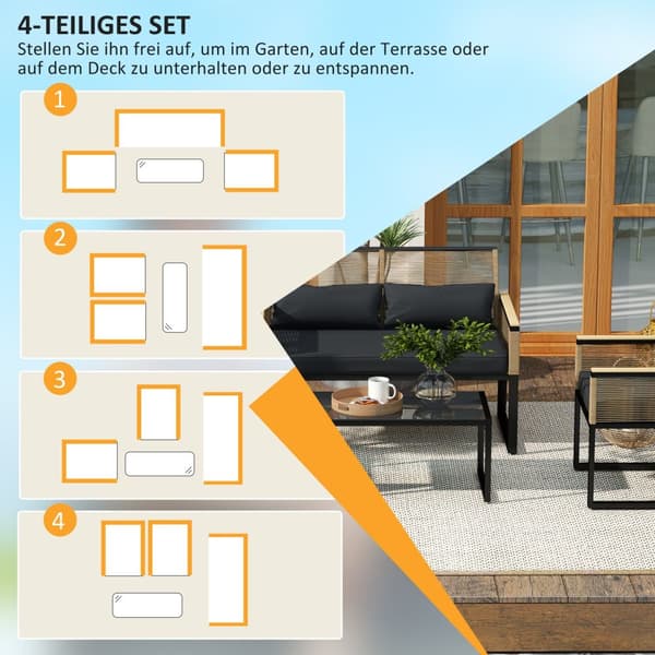 Hagemøbelsett i polyrattan til 4 personer, værbestandig balkongmøbelsett med 2 sofaer, 2 stoler, sitteputer i glass, sittegruppe ute, terrassemøbler h
