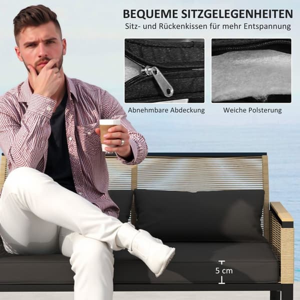 Hagemøbelsett i polyrattan til 4 personer, værbestandig balkongmøbelsett med 2 sofaer, 2 stoler, sitteputer i glass, sittegruppe ute, terrassemøbler h