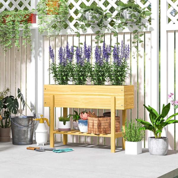Højbed med hylde, højurtebed med drænhuller, træplantekasse, vejrbestandigt grøntsagsbed, havebed, plantebed til haven, altan, 100 x 30 x 70,5 cm natu
