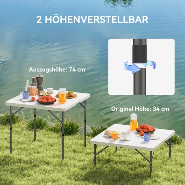 Picknickbord, hopfällbart campingbord, höjdjusterbart hopfällbart bord, för trädgårdsfester, camping, grill, plast, metall, vit Aosom
