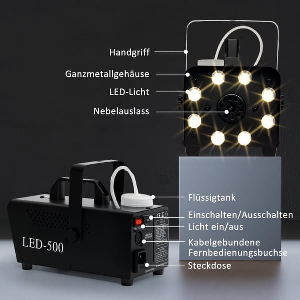 Sumukone 450W savukone 13 värillisellä LED-valolla ja RGB-efektillä, sumukone 2 langallisella ja radiokaukosäätimellä häihin, Halloweeniin, jouluun ja