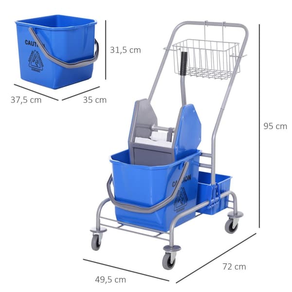 Rengjøringsvogn, rensevogn, mobil bøtte, rensebøtte, 25 liters moppevogn med vri, krok for mopp, husholdningsvogn med 4 hjul, blå