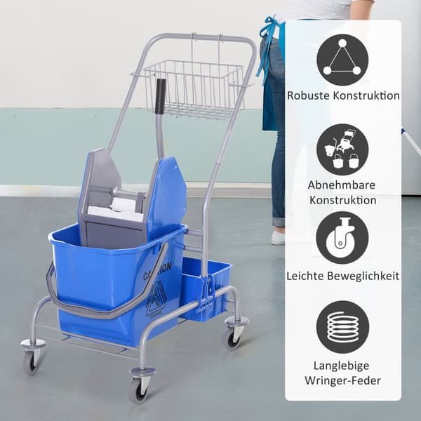 Rengjøringsvogn, rensevogn, mobil bøtte, rensebøtte, 25 liters moppevogn med vri, krok for mopp, husholdningsvogn med 4 hjul, blå