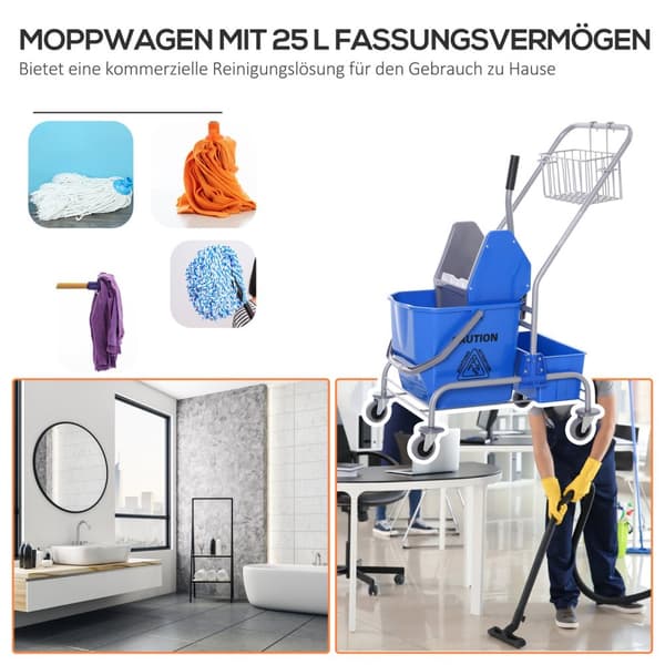 Rengjøringsvogn, rensevogn, mobil bøtte, rensebøtte, 25 liters moppevogn med vri, krok for mopp, husholdningsvogn med 4 hjul, blå