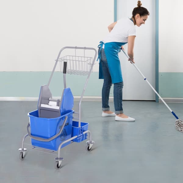 Rengjøringsvogn, rensevogn, mobil bøtte, rensebøtte, 25 liters moppevogn med vri, krok for mopp, husholdningsvogn med 4 hjul, blå