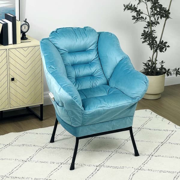 Fåtölj Vardagsrum Lounge Stol Klädd Avslappningsstol med Sidoficka Stålben Klädd Stol med Sammetslook Enkelstol för Sovrum Blå