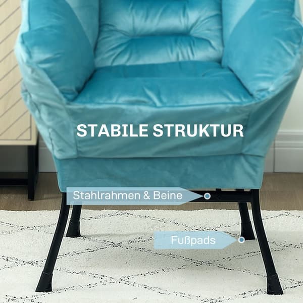 Fåtölj Vardagsrum Lounge Stol Klädd Avslappningsstol med Sidoficka Stålben Klädd Stol med Sammetslook Enkelstol för Sovrum Blå