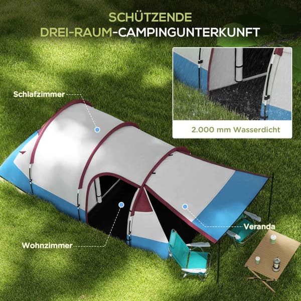 Campingtelt, tunneltelt til 3 personer, med lette kroge, markise, 2 værelser, vindtæt familietelt med bæretaske, 2000 mm vandafvisende pop-up telt til